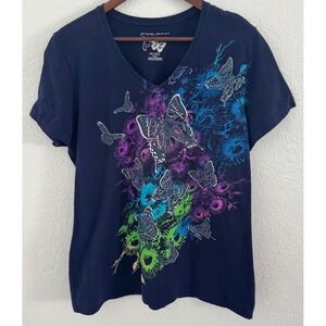Just My Size Hanes Top Navy Blue Women's 1X 16W Plus Tee Glitter Butterflies